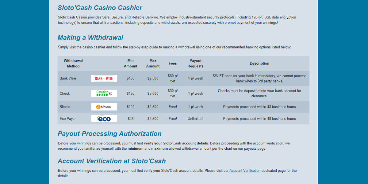 Sloto'Cash Screenshots - Withdrawals