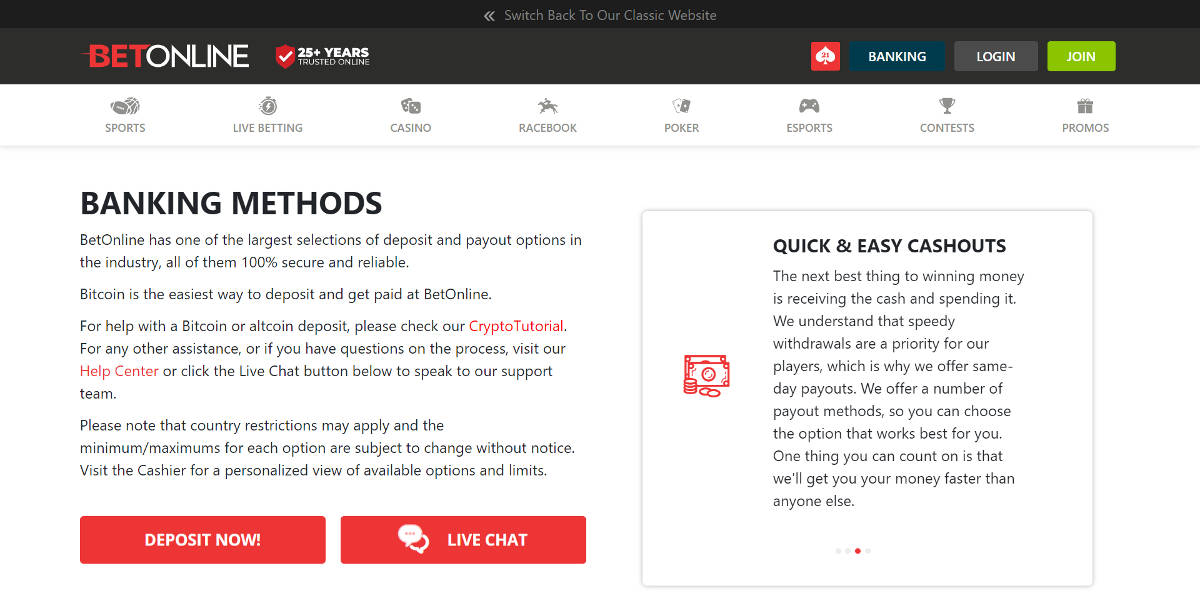 BetOnline Screenshot: Banking