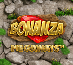 Bonanza Megaways slot logo on wooden sign with red gem and rocky background