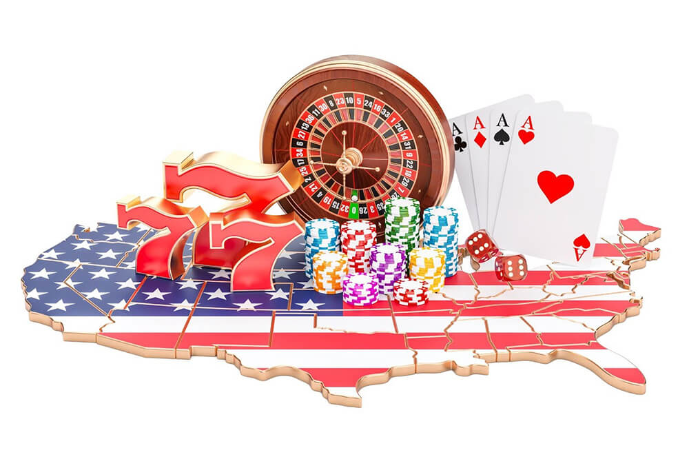Casino game items on a map of the USA