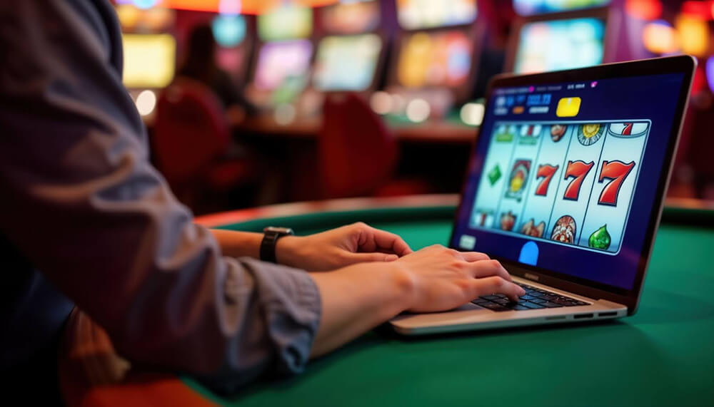 A person playing online slots on a laptop in a casino