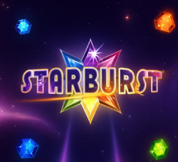 Starburst slot logo with colorful gemstones and cosmic background